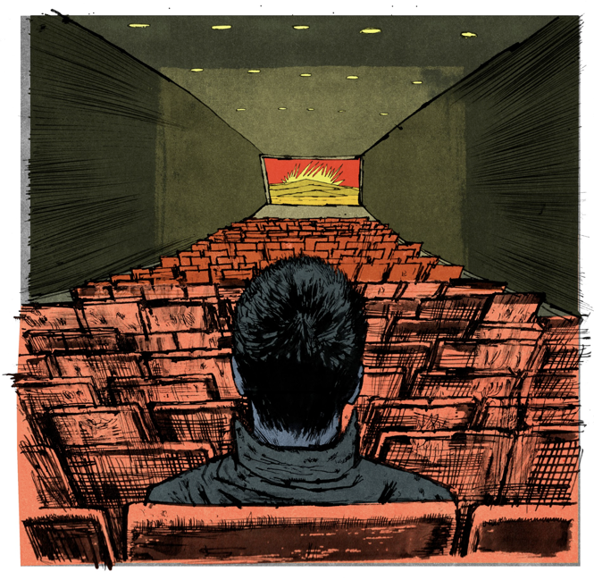 An illustration of a man sitting in a movie theater